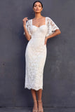 Floral Sheath Appliqued White Midi Engagement Dress