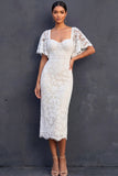 Floral Sheath Appliqued White Midi Engagement Dress