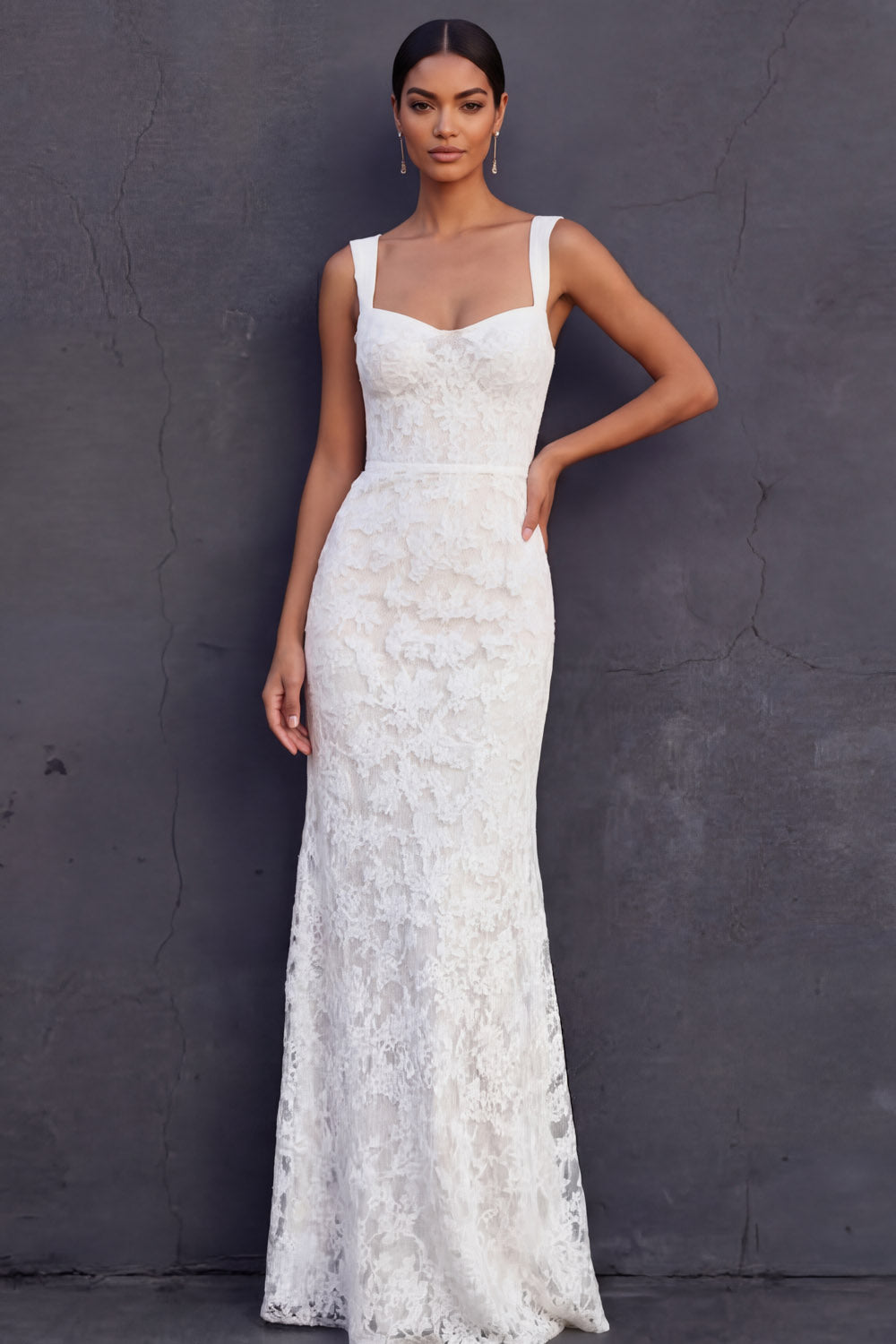 Leely Women White Floral Lace Long Engagement Dress Thick Straps