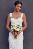 White Floral Thick Straps Lace Sleeveless Long Engagement Dress