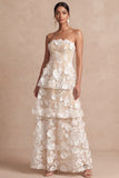 Floral White Appliqued A Line Tiered Long Wedding Reception Dress