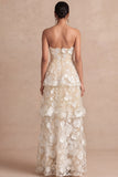 Floral White Appliqued A Line Tiered Long Wedding Reception Dress