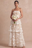 Floral White Appliqued A Line Tiered Long Wedding Reception Dress