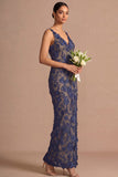 Appliqued Sheath White V Neck Floral Long Engagement Dress