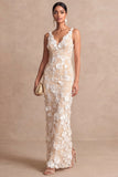 Appliqued Sheath White V Neck Floral Long Engagement Dress