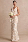 Appliqued Sheath White V Neck Floral Long Engagement Dress