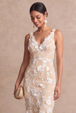 Appliqued Sheath White V Neck Floral Long Engagement Dress