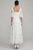 White Floral Appliqued A Line Sparkly Sequined Midi Engagement Dress