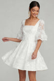Appliqued Floral A Line Square Neck Flutter Neck Short Bridal Shower Dress