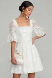 Appliqued Floral A Line Square Neck Flutter Neck Short Bridal Shower Dress