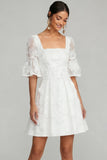 Appliqued Floral A Line Square Neck Flutter Neck Short Bridal Shower Dress