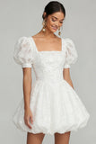 Sparkly White Floral Puff Sleeves A Line Short Bridal Shower Dress