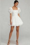 Sparkly White Floral Puff Sleeves A Line Short Bridal Shower Dress