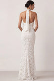 White Lace Floral Halter Neck Sheath Long Engagement Dress with Slit