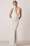 White Lace Floral Halter Neck Sheath Long Engagement Dress with Slit