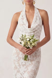 White Lace Floral Halter Neck Sheath Long Engagement Dress with Slit