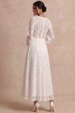 A Line White Lace V Neck Long Sleeves Floral Long Engagement Dress