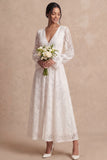 A Line White Lace V Neck Long Sleeves Floral Long Engagement Dress