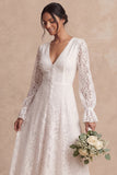 A Line White Lace V Neck Long Sleeves Floral Long Engagement Dress