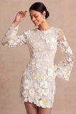 Appliqued White Long Sleeves Floral Short Bridal Shower Dress