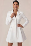 Long Sleeves Breasted Peak Lapel Short Work Dress with Pockets