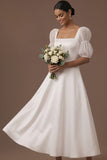 White A Line Square Neck Flutter Sleeves Long Engagement Dress