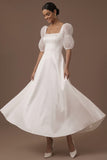 White A Line Square Neck Flutter Sleeves Long Engagement Dress