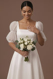 White A Line Square Neck Flutter Sleeves Long Engagement Dress