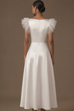 White A Line Satin Square Neck Ruffled Long Engagement Dress