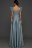 Dusty Blue A Line Ruffled Square Neck Long Formal Dress