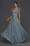 Dusty Blue A Line Ruffled Square Neck Long Formal Dress