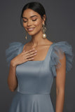 Dusty Blue A Line Ruffled Square Neck Long Formal Dress
