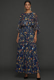Navy Embroidered Floral A Line Long Formal Dress with Sleeves