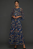 Navy Embroidered Floral A Line Long Formal Dress with Sleeves