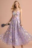 Lilac Floral A Line Strapless Backless Appliqued Long Formal Dress