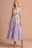 Lilac Floral A Line Strapless Backless Appliqued Long Formal Dress