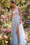 Lilac Floral A Line One Shoulder Appliqued Long Formal Dress with Slit