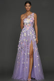Lilac Floral A Line One Shoulder Appliqued Long Formal Dress with Slit
