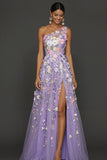 Lilac Floral A Line One Shoulder Appliqued Long Formal Dress with Slit