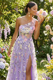 Lilac Floral A Line One Shoulder Appliqued Long Formal Dress with Slit