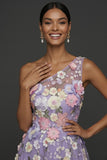 Lilac Floral A Line One Shoulder Appliqued Long Formal Dress with Slit