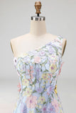Light Blue Floral A Line One Shoulder Midi Formal Dress with Slit