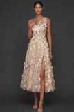 Floral Light Blue A Line One Shoulder Midi Formal Dress with Slit