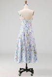 Floral Light Blue A Line One Shoulder Midi Formal Dress with Slit