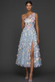 Floral Light Blue A Line One Shoulder Midi Formal Dress with Slit