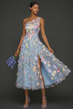 Floral Light Blue A Line One Shoulder Midi Formal Dress with Slit