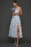 Floral Light Blue A Line One Shoulder Midi Formal Dress with Slit