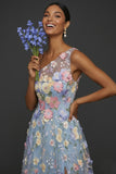 Floral Light Blue A Line One Shoulder Midi Formal Dress with Slit