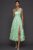 Floral Light Blue A Line One Shoulder Midi Formal Dress with Slit