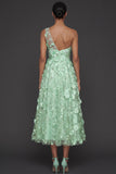 Floral Light Blue A Line One Shoulder Midi Formal Dress with Slit